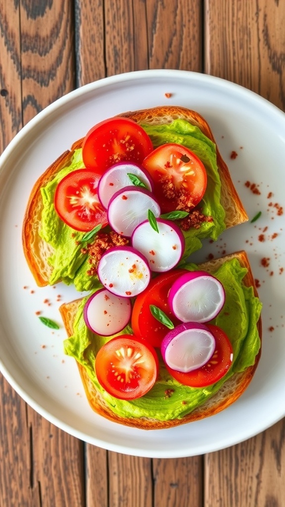 Vegetarian avocado toast topped with tomatoes and radishes on a rustic wooden table.